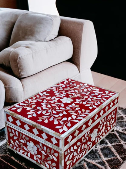 Decorative Wooden Storage Box with Mother of Pearl Inlay – Elegant Floral Design – Perfect for Home Décor in Living Room, Dining Area, or Bedroom (Red, 12x8x5 inches)