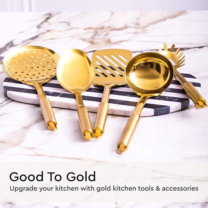Gold Cooking Utensils Set – 5-Piece Stainless Steel Kitchen Tools for Modern Cooking and Serving – Dishwasher Safe Ladle, Spoon, Spatula, Pasta Fork, Luxury Brass Kitchen Accessories for Home Chefs