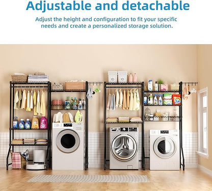 Over Washer and Dryer Shelves,Heavy Duty Laundry Room Storage Organization Clothes Drying Rack,5 Tier Adjustable Height Wire Shelving and Wire Basket with Hanger Rod&Hook,Space Saving Shelf