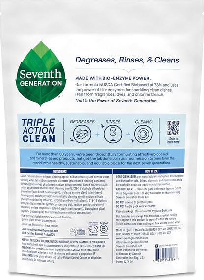 Seventh Generation Triple Action Clean Automatic Dishwasher Detergent Packs with Bio-Enzyme Power, Free & Clear, Fights 48-hour Stuck-on Food, 54 count