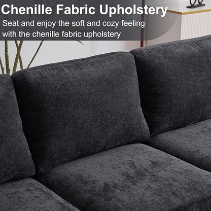 Karl home U-Shape Sectional Sofa Couch 111" Modern 4-Seat Sofa with Chaises Chenille Fabric Upholstered Covertible Couch with Wood Grain Legs for Living Room, Reception Room, Apartment, Black