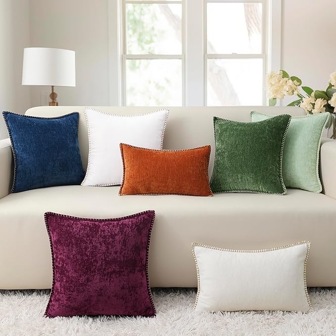 decorUhome Chenille Soft Throw Pillow Covers 22x22 Set of 2, Farmhouse Velvet Neutral Decorative Euro Pillow Covers with Stitched Edge for Couch Sofa Bed Home Decor, Rhododendron