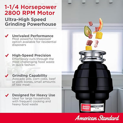 American Standard 10-US-AS-12 Garbage Disposal Anti-Jam Stainless Steel Food Waste Grinding System, Heavy Duty, 1.25 HP, Black