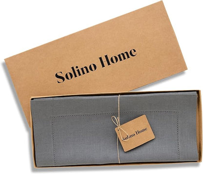 Solino Home Linen Steel Gray Table Runner 90 Inches Long - 100% Pure Linen Hemstitch 14 x 90 Inch Table Runner for Dining, Fall, Autumn - Classic Hemstitch