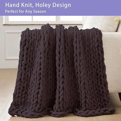 Bigacogo Chunky Knit Throw Blanket for Couch, 40x40 inches, 100% Hand Knitted with Thick Jumbo Chenille Yarn, Cozy Soft Large Rope Knot Cable Crochet Blankets for Sofa Bed Living Room, Chocolate