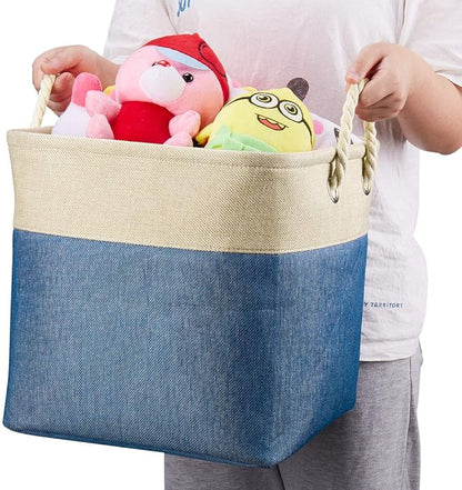 i BKGOO 3Pack Large Foldable Storage Bins，Collapsible Sturdy Cationic Fabric Organizing Storage Basket Cube with Cotton Handles for Home Office Shelf Clothes Toys Khaki-Blue 13×13×13 inch