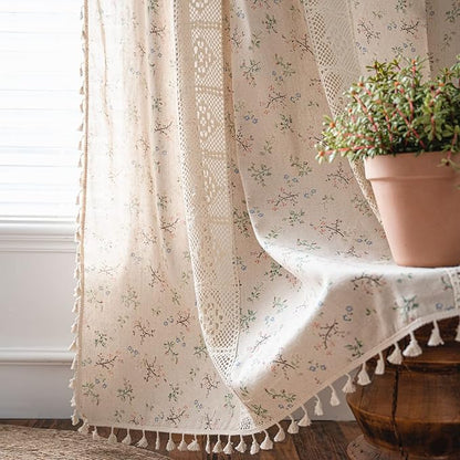 Sutuo Home Boho Curtain Semi-Blackout Crochet Hollow Lace Patchwork with Floral Print Cotton Linen Fabric, Handmade Tassels Rod Pocket Bohemian Window Drapes for Living Bedroom, 59"W x 84"L, 1 Panel