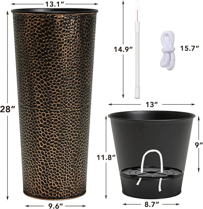 KOL 28" H. Tall Metal Cone Planters with Inner Pots 2-Pack, Bronze Hand-Hammered Large Decor Planter for Deck, Patio, Porch - Handcrafted Flower Pot - with Water Level Indicator - Indoor Outdoor Use
