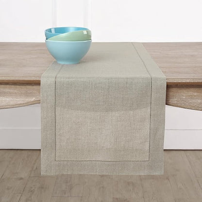 Solino Home Linen Natural Table Runner 108 Inches Long - 100% Pure Linen 14 x 108 Inch Table Runner for Fall, Autumn, Thanksgiving - Classic Hemstitch