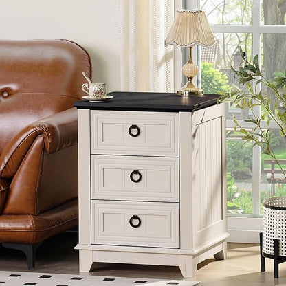 18" Farmhouse Night Stand with 3 Drawers, Wood End Table Dresser for Bedroom, White Nightstand, Bed Side Table with Metal Handle, Bedside Cabinet for Bedroom Living Room, Closet