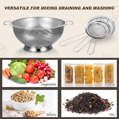 Norme 5 Quart Stainless Steel Silver Colander and 3 Pcs Silver Fine Mesh Strainer, Stainless Steel Pasta Rice Food Metal Strainer with Handles, Easy Clean and Dishwasher Safe