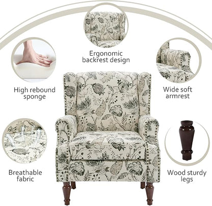 Lumibee Wingback Accent Chair, 2 Set High Back Floral Armchairs in Fabric,Comfy Upholstered Reading Single Sofa Chairs with Solid Wood Legs for Living Room,Bedroom,Office-Plants Beige