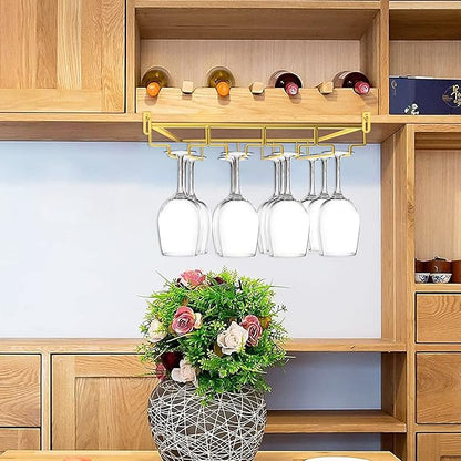 AUHOKY Adjustable Wine Glass Holder Under Shelf, Nail Free Metal Stemware Holder Storage Hanger, Hanging Wine Glasses Rack Organizer Under Cabinet Mount for Bar Kitchen (4 Rows, Gold)