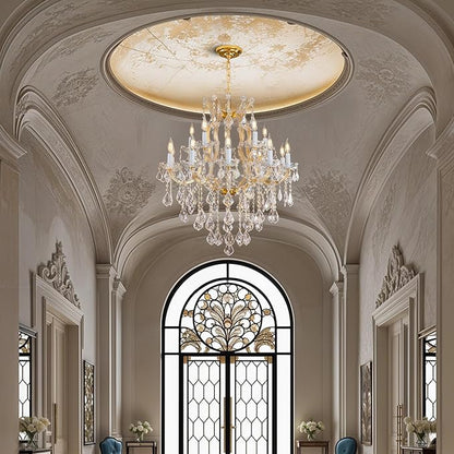Crystal Chandelier for High Ceilings, Gold Chandelier, 15 Lights Modern Gold Crystal Chandeliers, Large Chandeliers for Staircase Foyer Entryway Living Room, 2 Layers