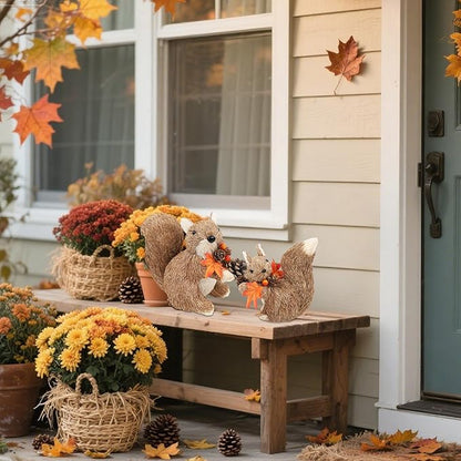 winemana Set of 2 Fall Table Decor-Squirrels with Leaves Pine Cones Thanksgiving Home Decorations Indoor Sisal Figurines, Cozy Fall Office Harvest Centerpiece Christmas Kitchen Décor