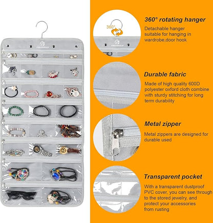 Freegrace Hanging Jewelry Organizer Revolving Hanger - Secure Zipper Closure - 50 Pockets - Foldable Storage & Display Solution - For All Jewelry & Bijoux (Gray)