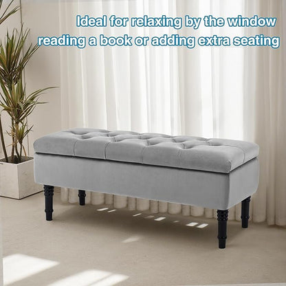 Ottoman with Storage Velvet Storage Bench Holds Up to 500 lbs Ottomans Upholstered Bench with Seating for Bedroom, Living Room, Grey