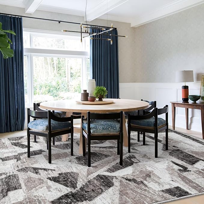 Modern Abstract 8X10 Area Rug for Living Room Bedroom Washable, with Non-Slip Rubber Backing Print Faux Wool Thin, Grey Throw Large Carpet for Kids Playroom Dining Room Pet & Child Friendly