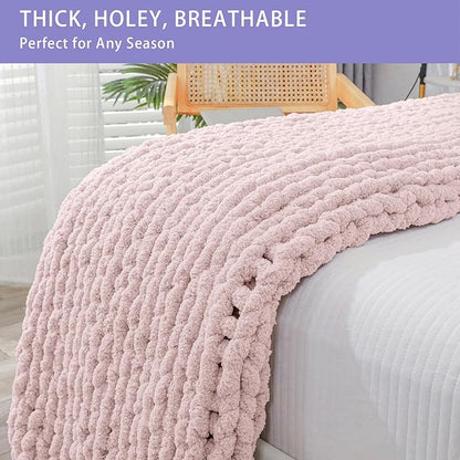 Bigacogo Chunky Knit Throw Blanket for Couch, 51x63 inches, 100% Hand Knitted with Thick Jumbo Chenille Yarn, Cozy Soft Large Rope Knot Cable Crochet Blankets for Sofa Bed Living Room, Rose Tan