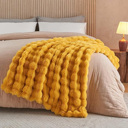 Lotus Karen Faux Fur Throw Blanket Ginger Yellow - Big Bubble Rabbit Fluff Blanket for Couch Bed Sofa,Softest Fluffy Fuzzy Cozy Blanket,Thick Furry Plush Shaggy Warm Blankets for Women,50x60 Inches