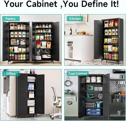 Metal Storage Cabinet with Doors and Shelves,Black Storage Cabinet with Leg,Metal Pantry Cabinets,Ventilated Pantry Closet,Tall Large Cupboard for Home,Kitchen,Dining/Living/Laundry Room