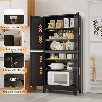 75.2" Tall Metal Pantry Cabinet, Storage Cabinets with 4 Door and 4 Adjustable Shelves, Black Kitchen Pantry Storage Cabinet, Freestanding Cupboard for Kitchen Dining Room Living Room Bathroom