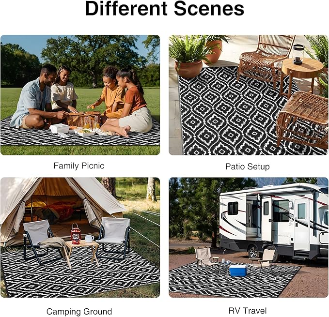 OLANLY Outdoor Rug 9x12 ft Waterproof, Outdoor Plastic Straw Rug with Geometric Pattern Clearance, Reversible RV Mat for Patio, Camping, Balcony, Deck, Backyard, Black & White