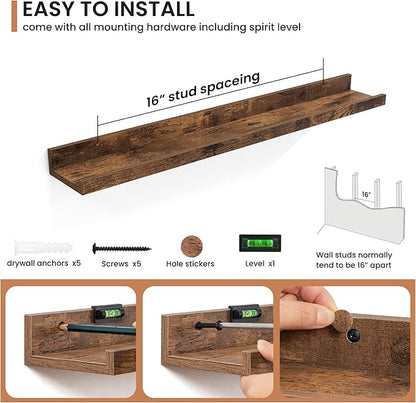Fun Memories Picture Ledge Shelves Set of 2, 32 Inch Rustic Wall Mounted Floating Shelves with Lip for Home Storage and Décor in Bathroom, Kitchen, Nursery, Bedroom, Living Room, Brown
