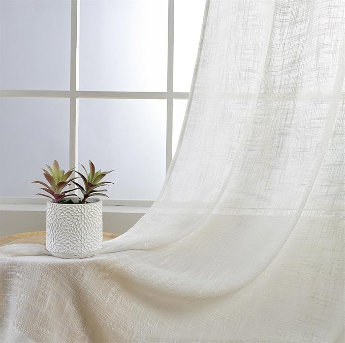 MIUCO Semi Sheer Curtains Poly Linen Textured Solid Grommet Curtains 63 Inches Long for Living Room 2 Panels (2 x 37 Wide x 63" Long) Beige