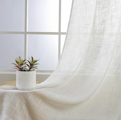 MIUCO Semi Sheer Curtains Poly Linen Textured Solid Grommet Curtains 95 Inches Long for French Doors 2 Panels (2 x 37 Wide x 95" Long) Beige