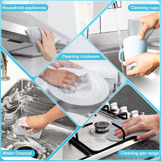 10 Pcs New Upgraded 3 Layers Non Scratch Wire Dishcloth, Multipurpose Wire Dishwashing Rags, Wet & Dry for Cookware, Sinks, Dishes, Stoves & Fireplaces 9.87“ x 9.87”