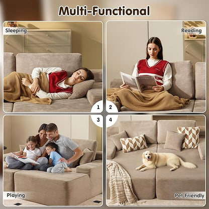 ovios 81" Oversized Sectional Double Lounge Chaise with Cloud Plush Sofa Bed, No Assembly Required, Fluffy Modern Sleeper Loveseat Chair for Indoor Living Room Bedroom Reading, Camel (Corduroy Fabric)