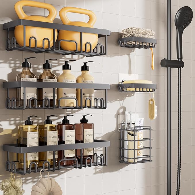 Veken Rustproof & Waterproof Shower Caddy 6-Pack, No Drilling Adhesive Shelves Rack with Soap Holder, Large Capacity Bathroom Organizers and Storage, Wall-Mounted Kitchen & Home Decor, Dark Grey