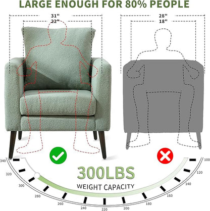 Barrel Accent Chair with Back Pillow, Large Teddy Upholstered Armchair with Solid Wood Legs Modern Reading Chairs for Living Room Bedroom
