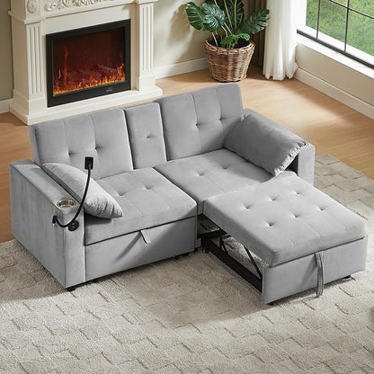 70" Queen Size Sofa Bed for Living Room – Pull-Out Sleeper Sofa Couch with Cup Holder, Phone Holder, USB Charging Port, Solid Wood Frame, Easy Assembly, Space-Saving Design for Small Apartments
