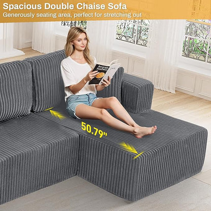 HYJT-H&K Modular Sectional Sofa Cloud Secttional Couch, 132" Comfy U Shaped Couches for Living Room, Deep Seat Memory Foam Fluffy Plush Corduroy Boneless Couch Sectionals with Chaise, Grey