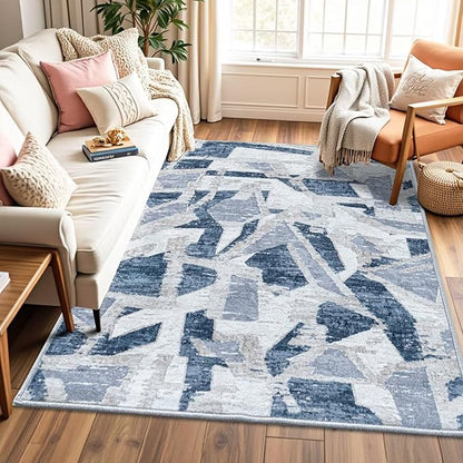 Modern Abstract Blue 6X9 Area Rug for Living Room Bedroom Washable, with Non-Slip Rubber Backing Print Faux Wool Thin, Throw Large Carpet for Kids Playroom Dining Room Pet & Child Friendly