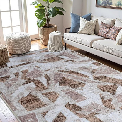 Modern Abstract 8X10 Area Rug for Living Room Bedroom Washable, Non-Slip Rubber Backing Print Faux Wool Thin, Brown Throw Large Carpet for Kids Playroom Dining Room Pet & Child Friendly