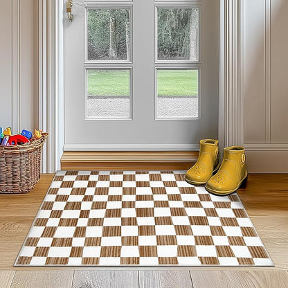 jinchan 2x3 Kids Area Rug Washable Indoor Entryway Doormat Modern Checkered Geometric Lattice Small Rug Non Slip Soft Carpet for Nursery Room Bedroom Bathroom Home Brown