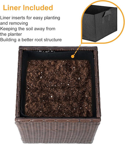 SUNNYPARK Set of 2 Large Square Planter with Removable Liner, All-Weather PE Rattan Modern Planters Indoor Outdoor Flower Plant Pots Garden Box Patio Yard Front Porch Deck