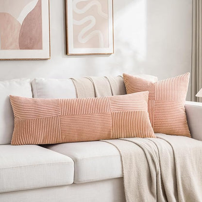 Fancy Homi Set of 2 Peach Boho Long Lumbar Body Decorative Throw Pillow Cover 14x36 Inch for Bed Couch Bedroom Bench, Soft Patchwork Corduroy Textured Pillow Case, Rustic Farmhouse Room Décor