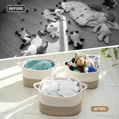Cotton Rope Woven Storage Basket, Used for Baby Hamper Toy Organizer, Gift Baskets Empty,Kids Laundry Basket,Baby Blanket Basket. Size 15x10x8.7 Inches. (White&Brown-3PCS)
