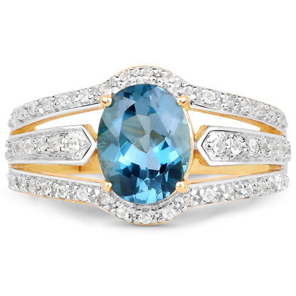 14K Yellow Gold Plated 2.30 Carat Genuine London Blue Topaz and White Topaz .925 Sterling Silver Ring