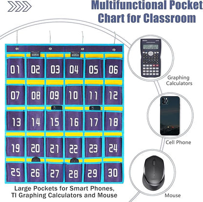 Loghot Classroom Accessories Closet Pocket Chart for Cell Phones Holder Wall Door Hanging Organizer (30 Pockets Blue)