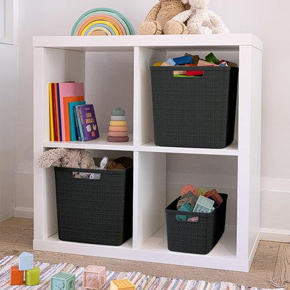 Curver Set of 4 Jute Large Cube Decorative Plastic Organization and Storage Baskets, Perfect Bins for Home Office, Closet Shelves, Kitchen Pantry and All Bedroom Essentials, Black