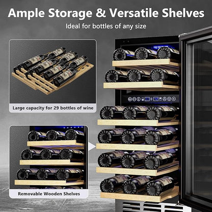 15 Inch Dual Zone Wine Refrigerator, 29 Bottle Under Counter Wine Fridge, Wine Refrigerator for Built-In or Freestanding, Wine Cooler with Removable Shelves, Double-Layer Glass Door, for Home