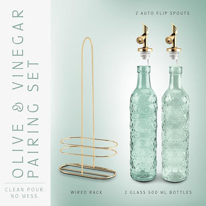 COOK WITH COLOR Glass Olive Oil Bottle Dispenser - 2 Pack- 17oz Oil and Vinegar Cruet - Olive Oil Carafe Decanter for Kitchen