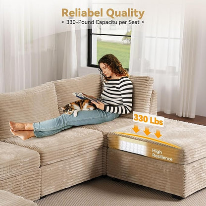 Modular Sectional Sofa with Chaise U Shaped Sectional Couch for Living Room, 8-Seater Comfy Cloud Couches with One Movable Ottoman, Plush Corduroy, Beige