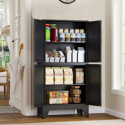 47.25" Metal Storage Cabinet, Black Kitchen Food Storage with 4 Door and 2 Adjustable Shelves, Freestanding Bathroom Cabinet, Pantry for Kitchen Dinning Room, Cupboard