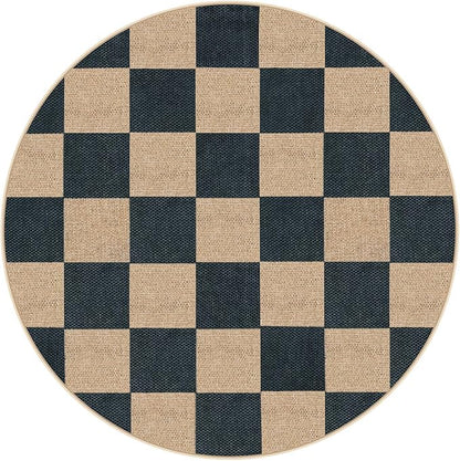 Lahome Checkered Easy Jute Rugs for Entryway, 3 ft Round Rug Small Indoor Outdoor Circle Carpet, Farmhouse Neutral Non Slip Non Shedding Black Carpet for Kitchen Front Porch Foyer